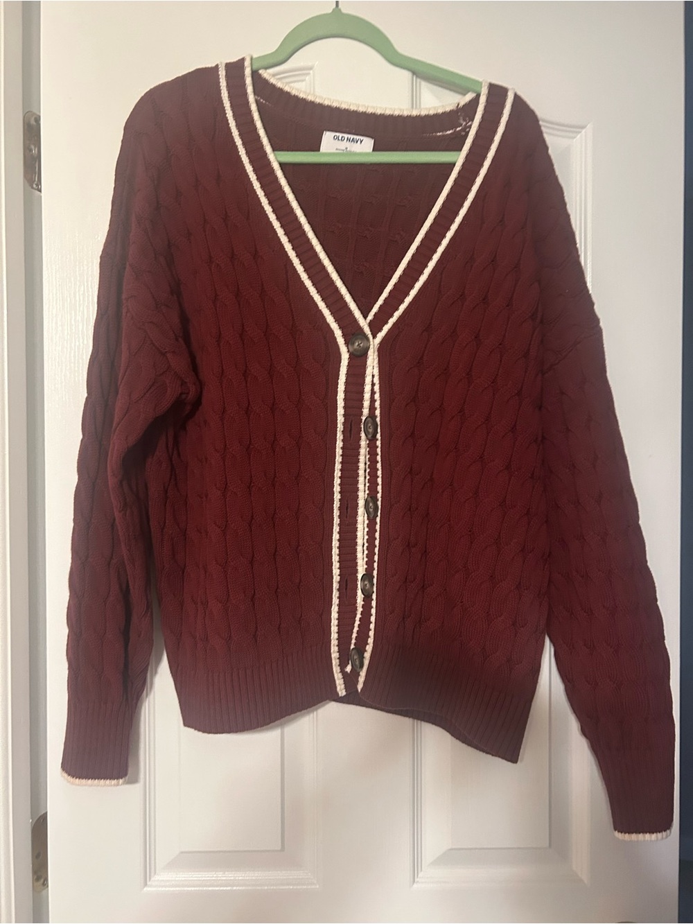 Old Navy Burgundy Cable-Knit V-Neck Cardigan with Cream Trim size Medium